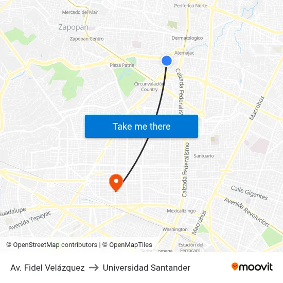 Av. Fidel Velázquez to Universidad Santander map