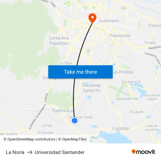 La Noria to Universidad Santander map