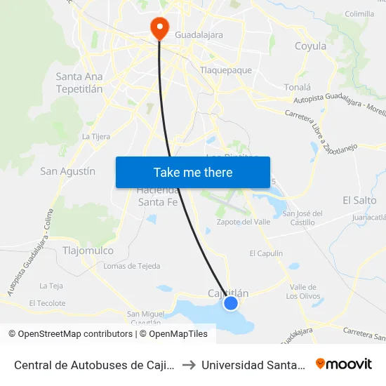 Central de Autobuses de Cajititlán to Universidad Santander map