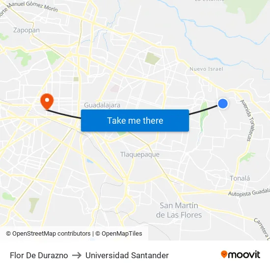 Flor De Durazno to Universidad Santander map