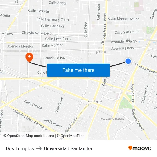 Dos Templos to Universidad Santander map