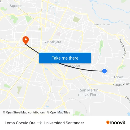 Loma Cocula Ote to Universidad Santander map