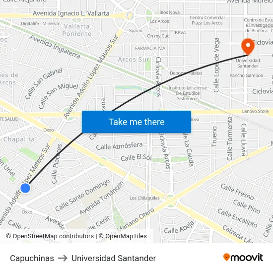 Capuchinas to Universidad Santander map