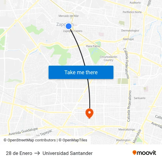 28 de Enero to Universidad Santander map