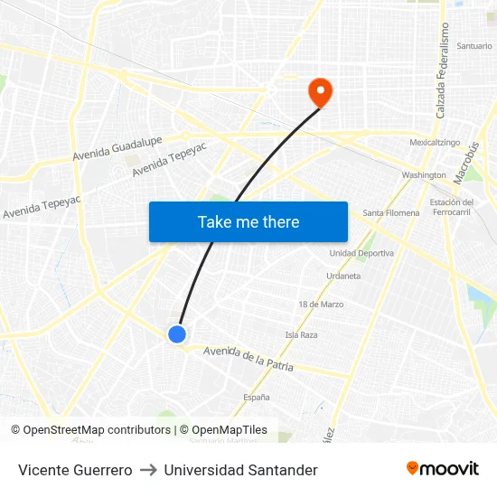 Vicente Guerrero to Universidad Santander map