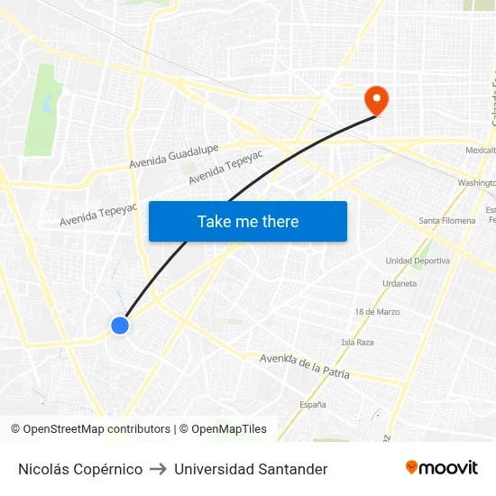 Nicolás Copérnico to Universidad Santander map