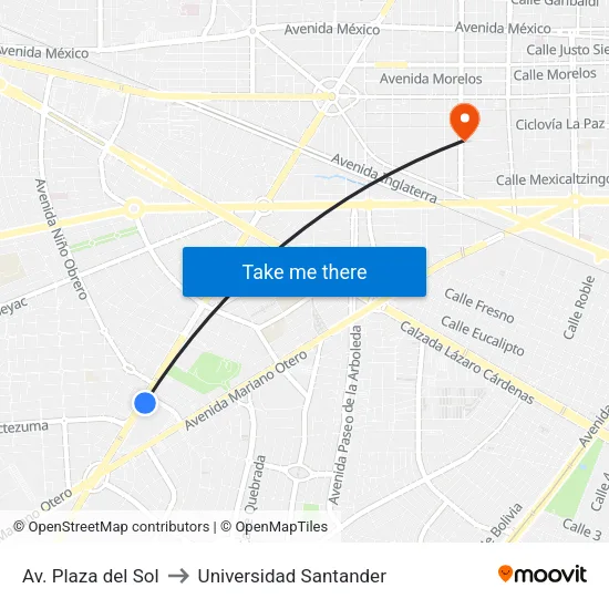 Av. Plaza del Sol to Universidad Santander map