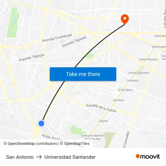 San Antonio to Universidad Santander map