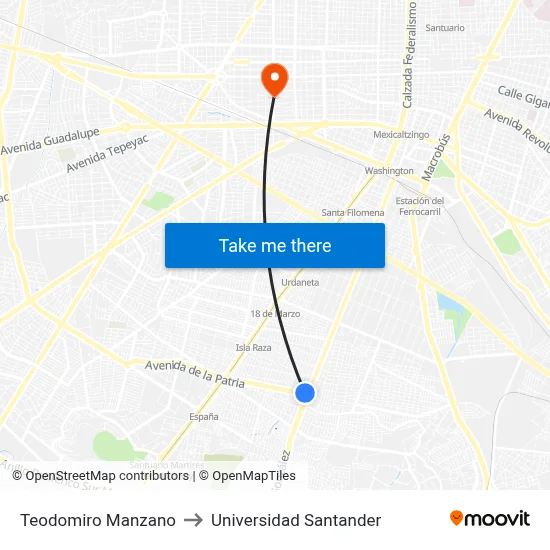 Teodomiro Manzano to Universidad Santander map