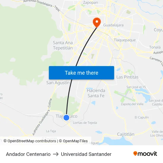 Andador Centenario to Universidad Santander map