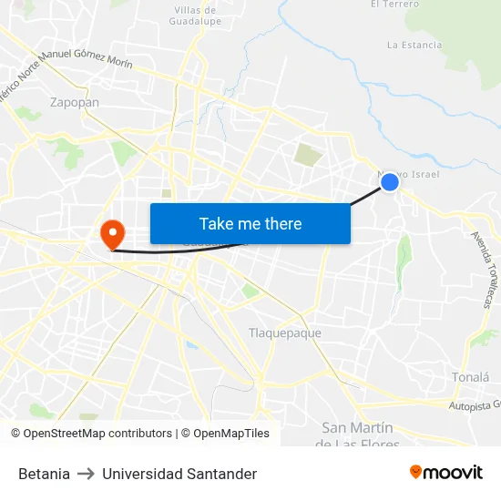 Betania to Universidad Santander map