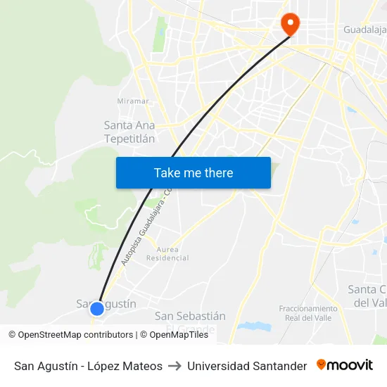 San Agustín - López Mateos to Universidad Santander map