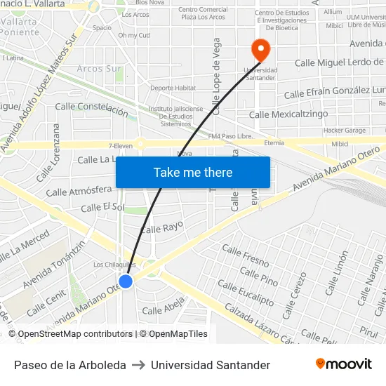 Paseo de la Arboleda to Universidad Santander map