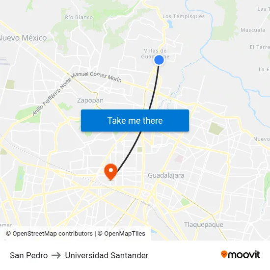 San Pedro to Universidad Santander map