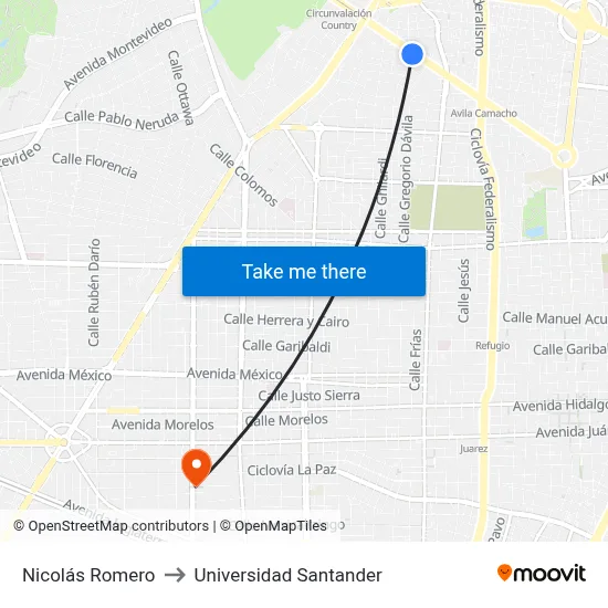 Nicolás Romero to Universidad Santander map