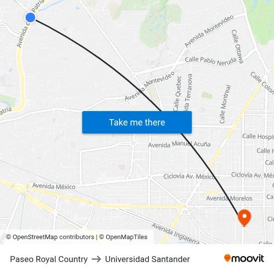 Paseo Royal Country to Universidad Santander map