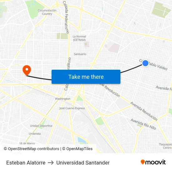 Esteban Alatorre to Universidad Santander map