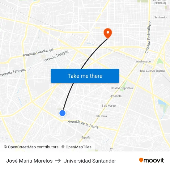 José María Morelos to Universidad Santander map