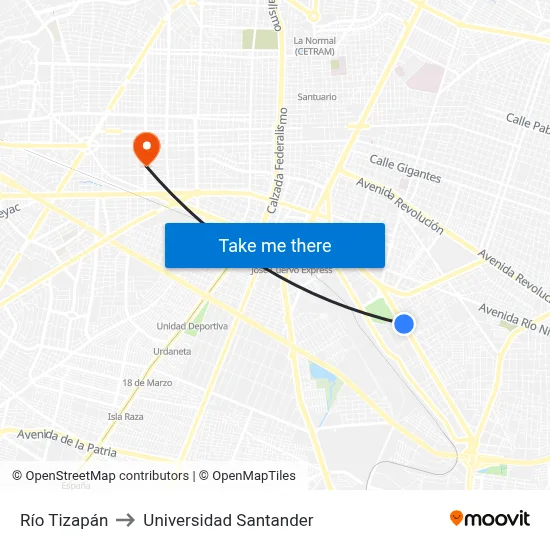 Río Tizapán to Universidad Santander map
