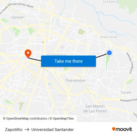 Zapotiltic to Universidad Santander map