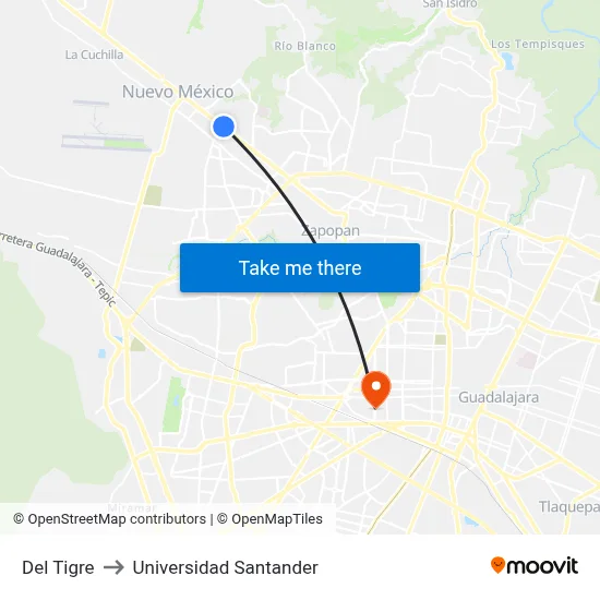 Del Tigre to Universidad Santander map