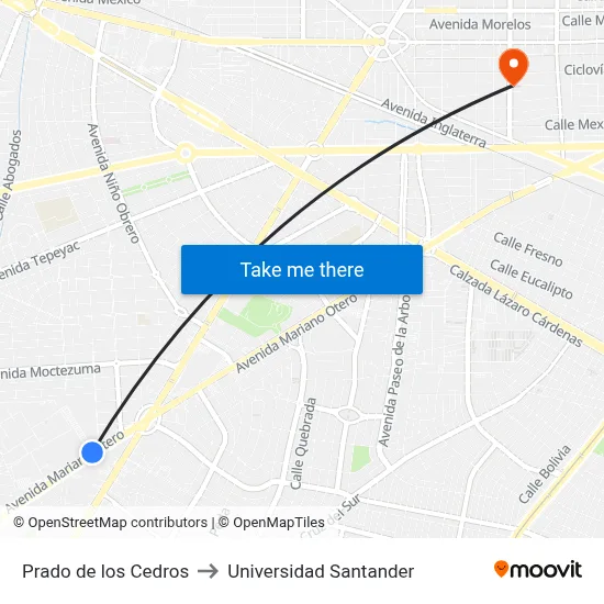 Prado de los Cedros to Universidad Santander map