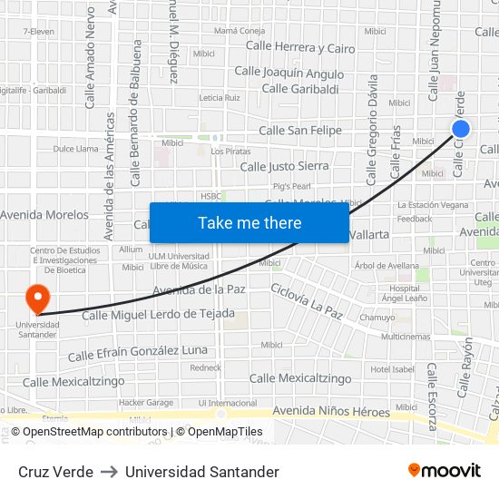 Cruz Verde to Universidad Santander map