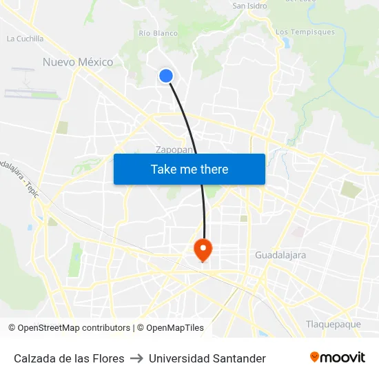 Calzada de las Flores to Universidad Santander map