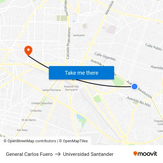 General Carlos Fuero to Universidad Santander map