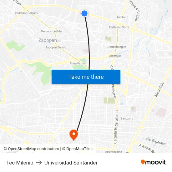 Tec Milenio to Universidad Santander map
