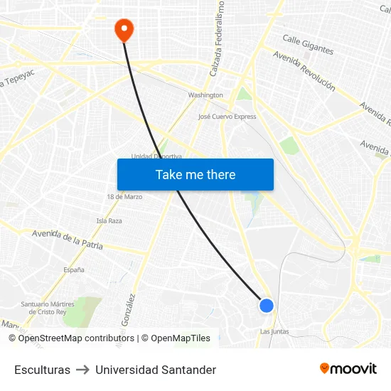 Esculturas to Universidad Santander map