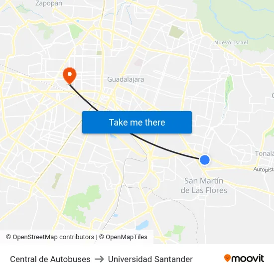 Central de Autobuses to Universidad Santander map