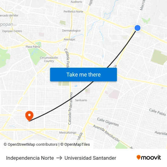 Independencia Norte to Universidad Santander map