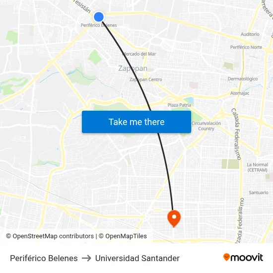 Periférico Belenes to Universidad Santander map