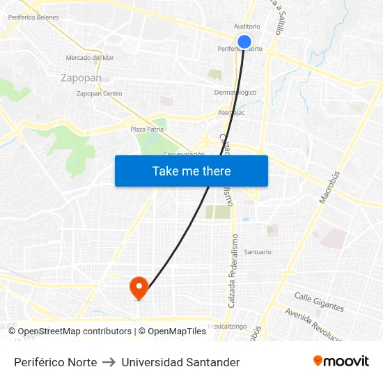Periférico Norte to Universidad Santander map