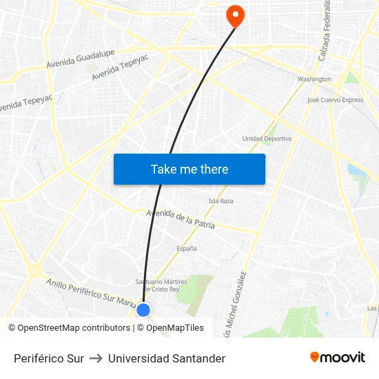 Periférico Sur to Universidad Santander map
