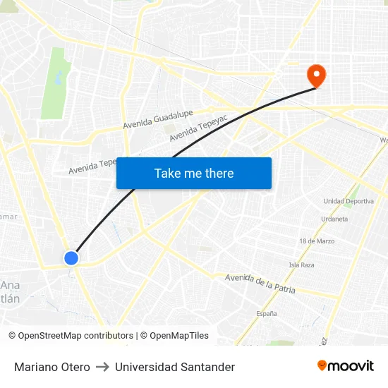 Mariano Otero to Universidad Santander map