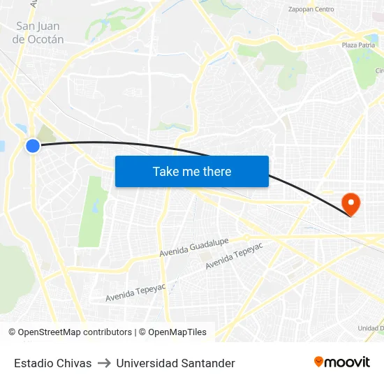 Estadio Chivas to Universidad Santander map