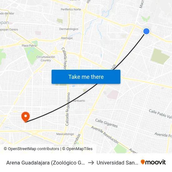 Arena Guadalajara (Zoológico Guadalajara) to Universidad Santander map