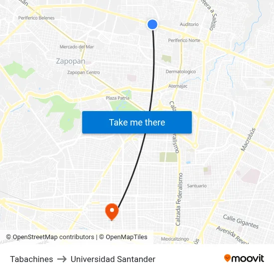 Tabachines to Universidad Santander map