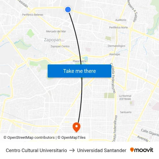 Centro Cultural Universitario to Universidad Santander map