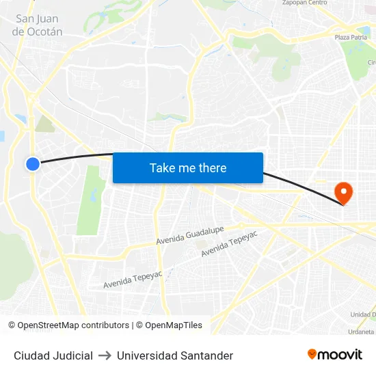 Ciudad Judicial to Universidad Santander map