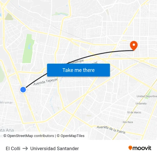 El Colli to Universidad Santander map