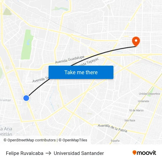 Felipe Ruvalcaba to Universidad Santander map