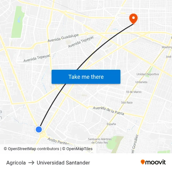 Agrícola to Universidad Santander map