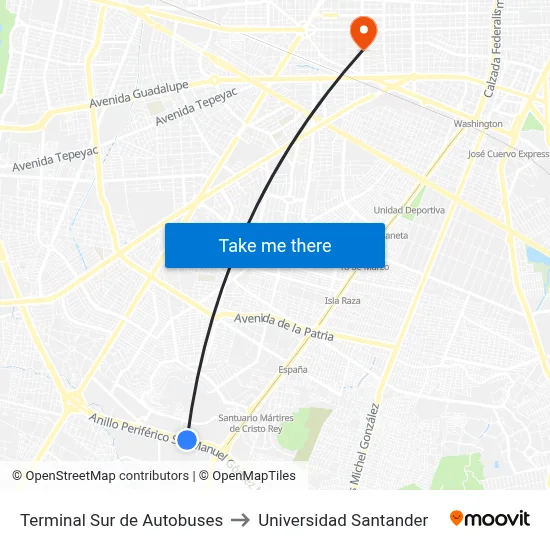 Terminal Sur de Autobuses to Universidad Santander map