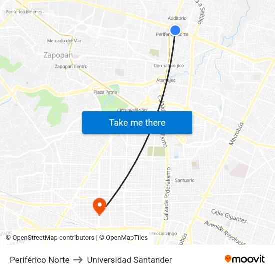 Periférico Norte to Universidad Santander map