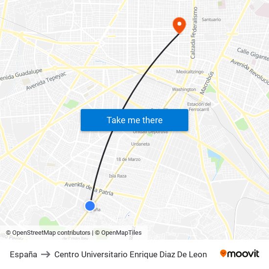 España to Centro Universitario Enrique Diaz De Leon map