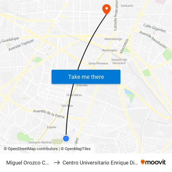 Miguel Orozco Camacho to Centro Universitario Enrique Diaz De Leon map