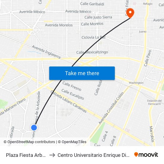 Plaza Fiesta Arboledas to Centro Universitario Enrique Diaz De Leon map